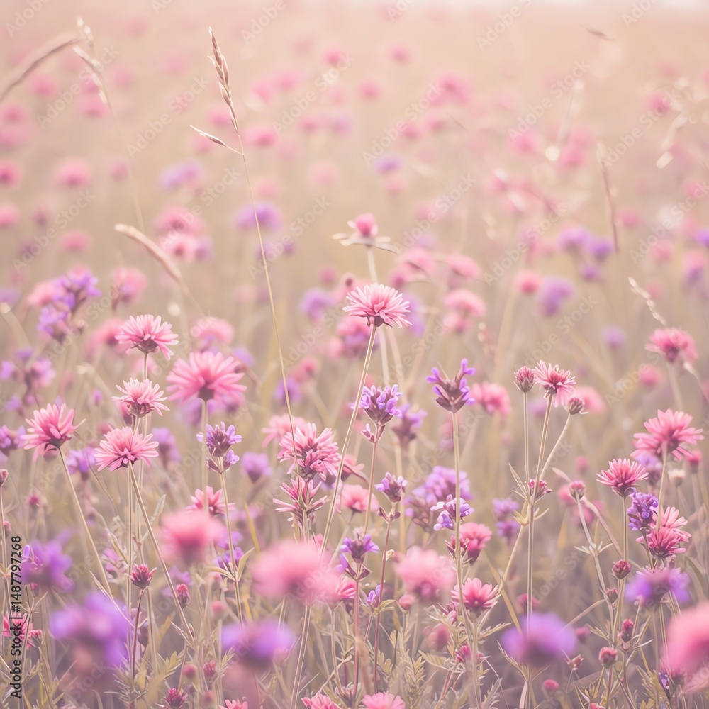 Fototapeta premium Wildflower meadow soft light pink purple flowers
