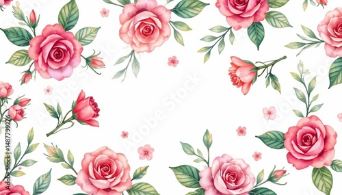 Delicate watercolor roses & leaves, repeating pattern, rose pattern, vintage