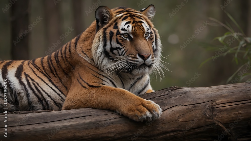 Obraz premium Cinematic Portrait of a Majestic Siberian Tiger Resting on a Wooden Log