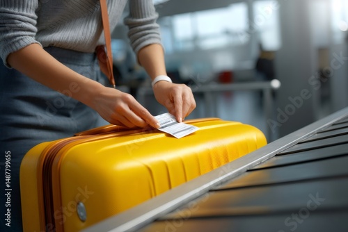 Passenger attaching baggage tag at airport check in counter