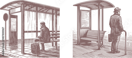 old Woodcut and Engraving Illustration of a Solitary Man Waiting at a Bus Stop – Intricate Line Art Design Ideal for Wall Decor, Stationery, Digital Prints, and Artistic Projects
