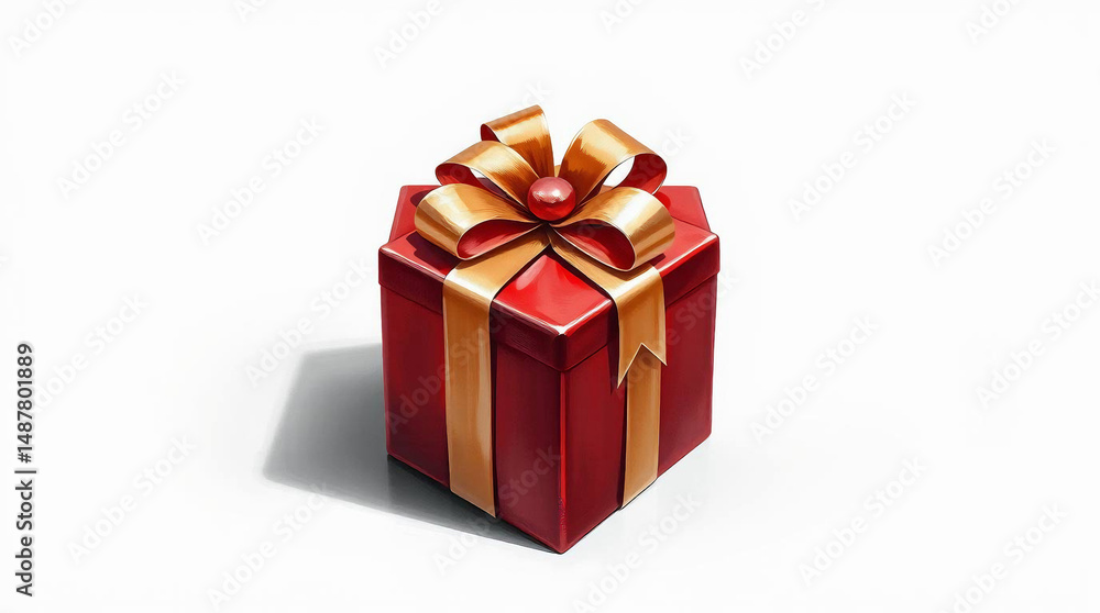Obraz premium Photorealistic Red Christmas Gift Box with Ribbon on Pure White Background, Soft Realistic Shadow, Rich Texture