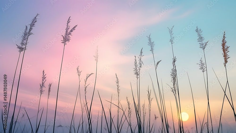 Fototapeta premium Tranquil Sunrise Over Dewy Grassland with Soft Pastel Sky