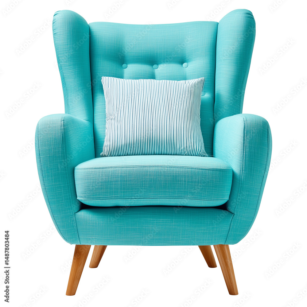 Modern turquoise armchair with pillow isolated on white background
