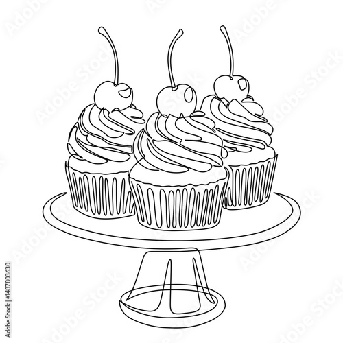 Group of cupcakes on serving tray or stand. Bakery line drawing. Hand-drawn dessert display line art. Hand drawn vector illustration with editable stroke. Isolated on transparent background.