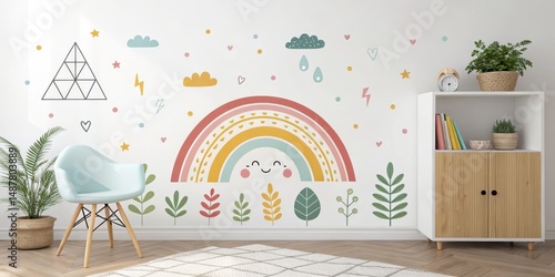 Rainbow Wall Decor Happy Nursery Design with Pastel Colors, geometric shapes and plants., nursery decor, kids room