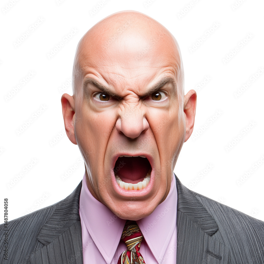 Angry bald businessman shouting isolated on white background