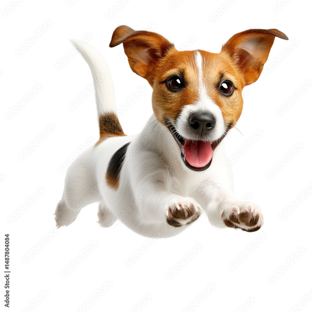 Happy Jack Russell Terrier jumping isolated on white background