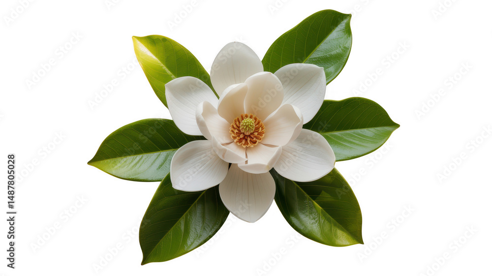 Fototapeta premium Elegant White Magnolia Blossom with Lush Green Leaves Isolated on Transparent Background