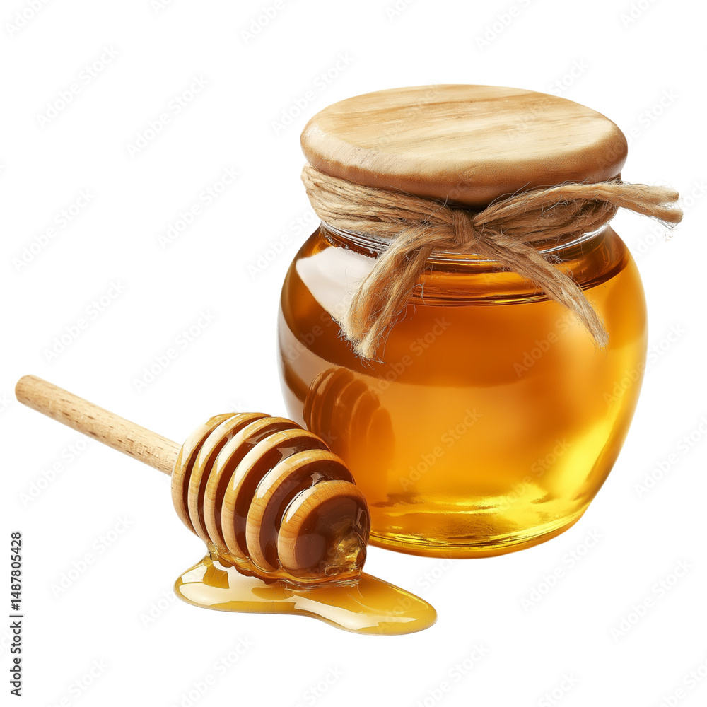 Honey Jar with Wooden Dipper Isolated for Product Displays Honey Jar with Wooden Dipper Isolated for Product Displays