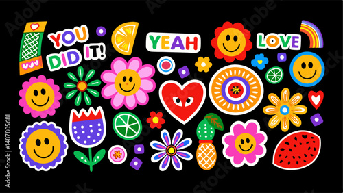 Set of colorful stickers related to  flowers, fruits, cute, kawaii, design elements, pattern, vector, illustration, art, message, "you did it", "yeah", "love", vector illustration.