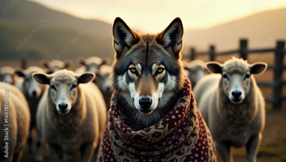 Wolf in sheep's clothing stock photo: deceptive predator among innocent flock image Wolf in sheep's clothing stock photo: deceptive predator among innocent flock image