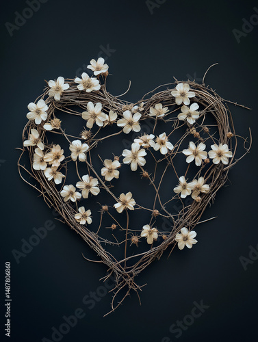 Heart-shaped wire art composed of wild flowers and thorns on black background, detailed photography capturing intricate textures and natural contrast.
