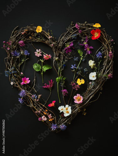 Heart made of wild flowers and vines on black background, photographic style, detailed natural textures with rich contrast and organic composition.

