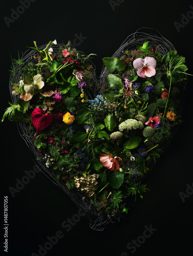 Abstract heart shape made of plants, flowers, and wire art on black background, hyper-realistic photography style, intricate textures and natural elements with dramatic contrast and sculptural detail.