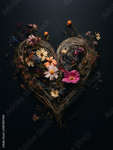 Heart made of wild flowers and twigs centered on black background, hyper-realistic photography style, vibrant natural textures with detailed floral elements, dramatic contrast and organic composition.