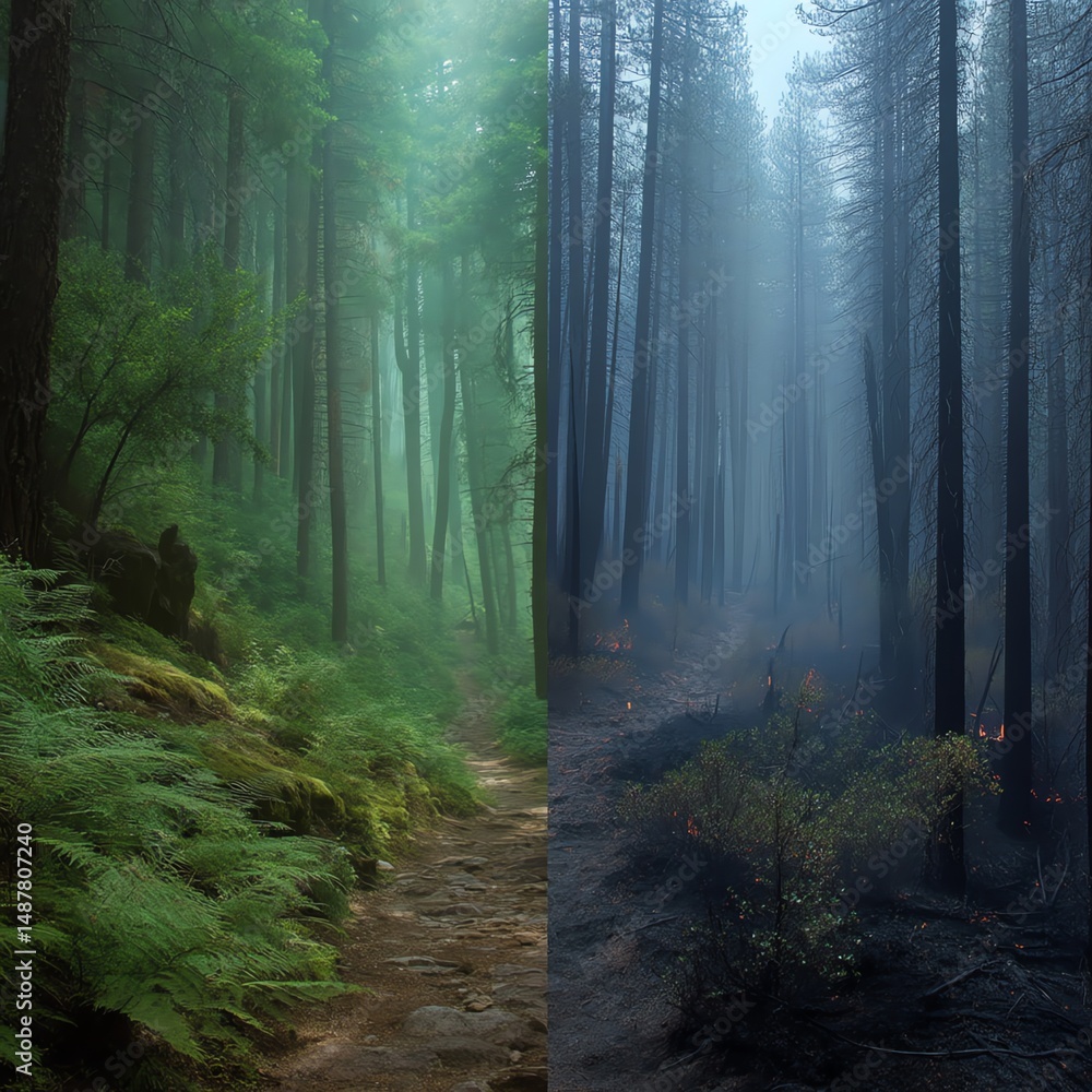Obraz premium Forest contrast lush versus burnt treescape
