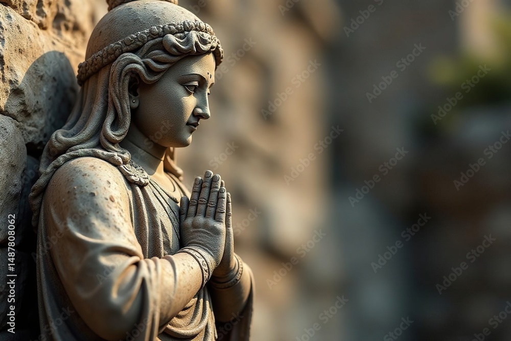 Ancient weathered stone religious statue detail, belief, worn Ancient weathered stone religious statue detail, belief, worn