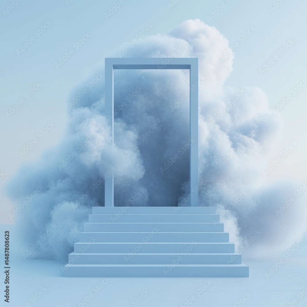 Fototapeta premium Light-blue door, steps, and clouds