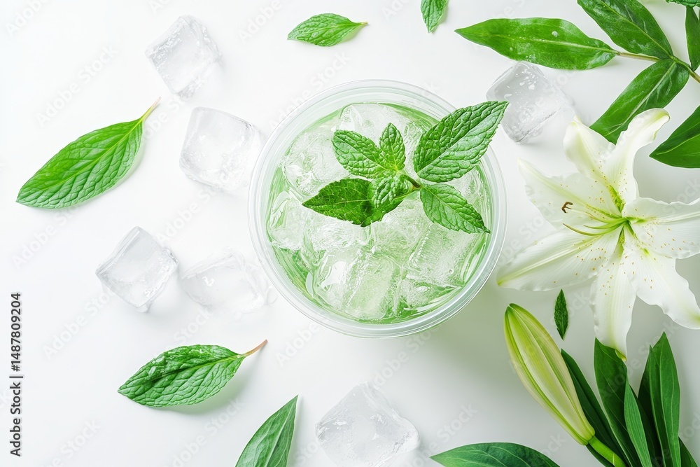 Obraz premium Refreshing drink garnished with fresh mint and lilies.