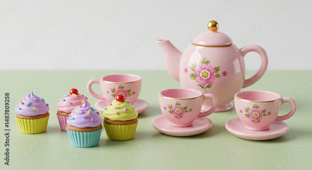 Fototapeta premium Charming Pink Tea Set with Delicate Cupcakes A Delightful Image
