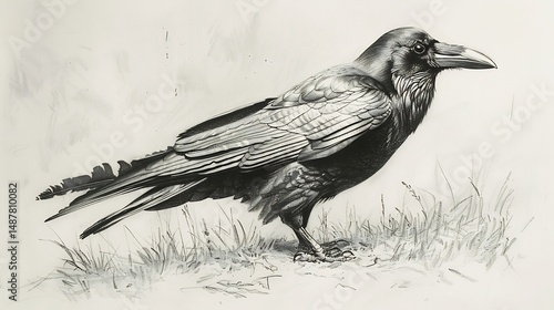 A realistic crow drawing with highly detailed feathers capturing the intelligence and mystery of this majestic bird in a stunning art piece overlay cut out on isolated transparent removed background