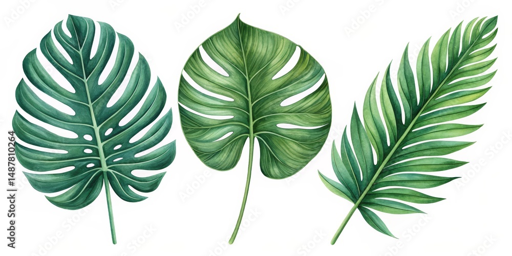 Fototapeta premium Watercolor Tropical Leaves Monstera and Palm, Botanical Illustration, Green Foliage, Nature Tropical Plants, Watercolor Painting