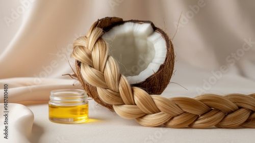 Still life of coconut, soap, and liquid bottles on soft woven base