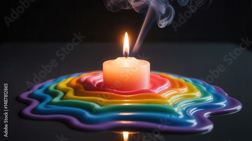 Rainbow liquid art swirl with candle and person applying colors