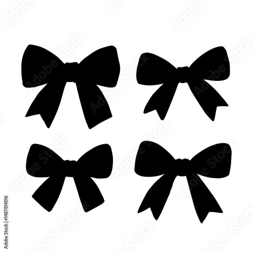 Set of simple decorative holiday ribbon bows isolated on white background. Bow silhouette hand drown