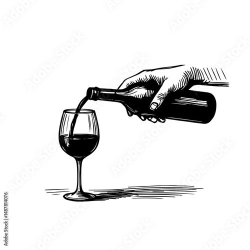 Sketch hand pouring wine into a glass. vector isolated on white.