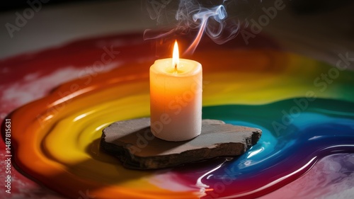 Lit candle on rock surrounded by rainbow liquid ripples and soft smoke