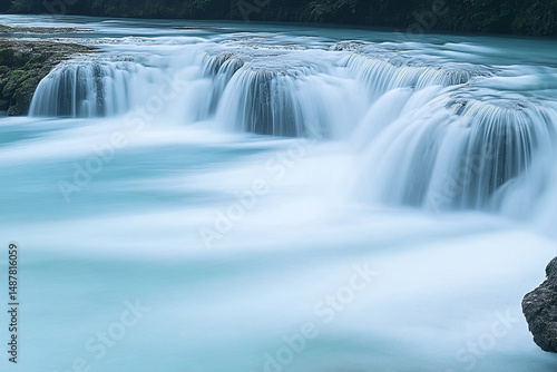 Rushing water cascades over rocks creating a serene display of river rapids in a natural landscape