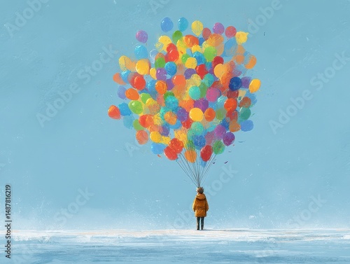 Colorful balloons cluster held aloft by a solitary figure.
