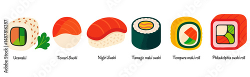 Flat art style sushi set illustration: uramaki, temari, nigiri, tamago maki, tempura roll, philadelphia