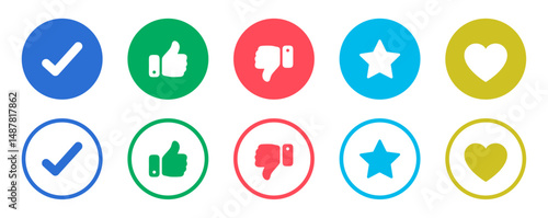 Vector set of social media icons like, dislike, check, star, and heart in solid and outline styles. Ideal for UI, UX, apps, websites, and digital interfaces. Clean, modern design elements. Icons.