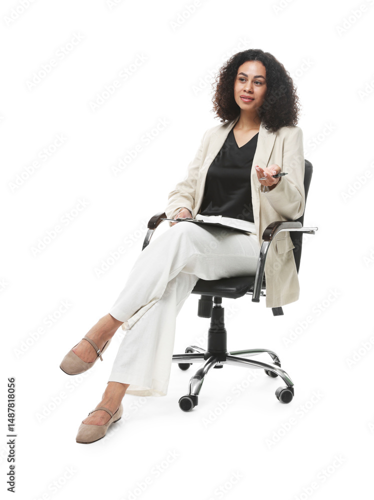 Fototapeta premium Professional psychologist with clipboard and pen in office chair on white background