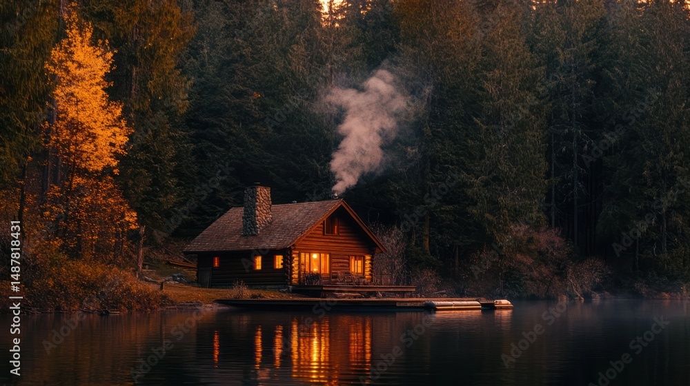 Fototapeta premium Cozy Cabin by the Lake at Dusk