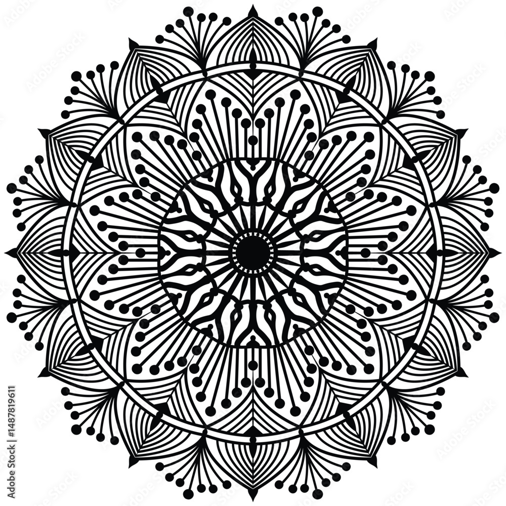 Fototapeta premium Floral henna or mehndi style mandala design. Decorative pattern in oriental style. Tatoo coloring book page. 