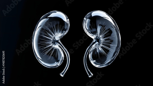 Transparent 3D render of human kidney with detailed internal structure, showing clear anatomy and medical design in dark background