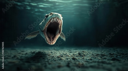 Viperfish with open jaws near ocean bottom, hyperrealistic texture and teeth detail
