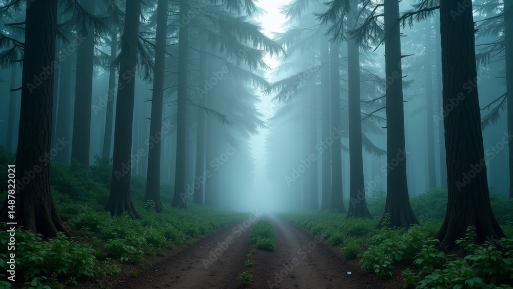 Obraz premium A serene path in the woods during dusk or dawn, surrounded by tall trees, with a foggy atmosphere that
