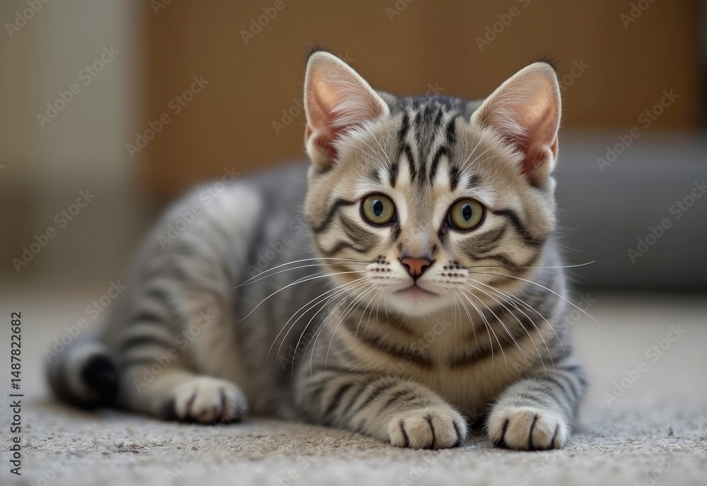 Gray tabby kitten lying on carpet indoors Gray tabby kitten lying on carpet indoors