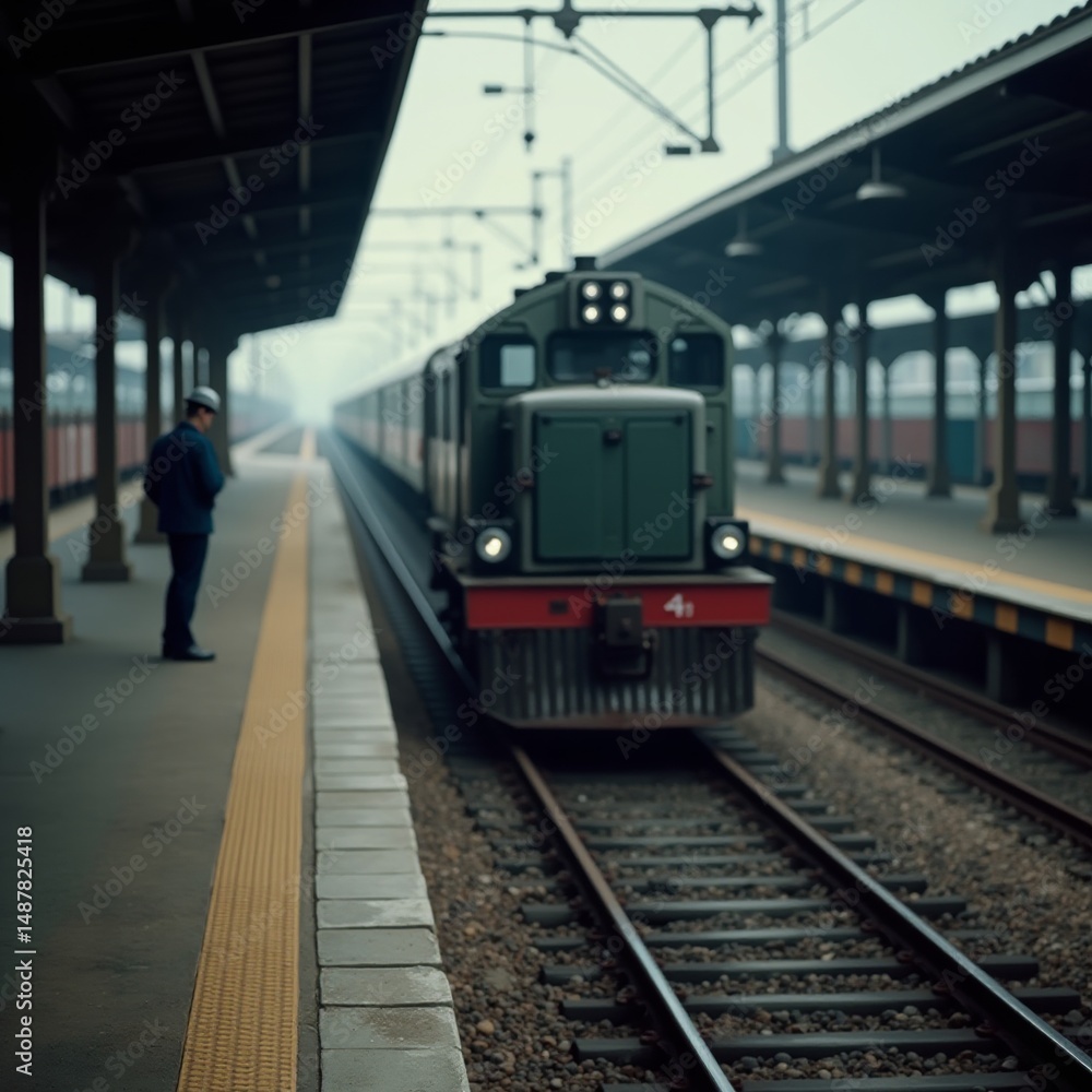 Fototapeta premium A train at a station with a solitary passenger waiting