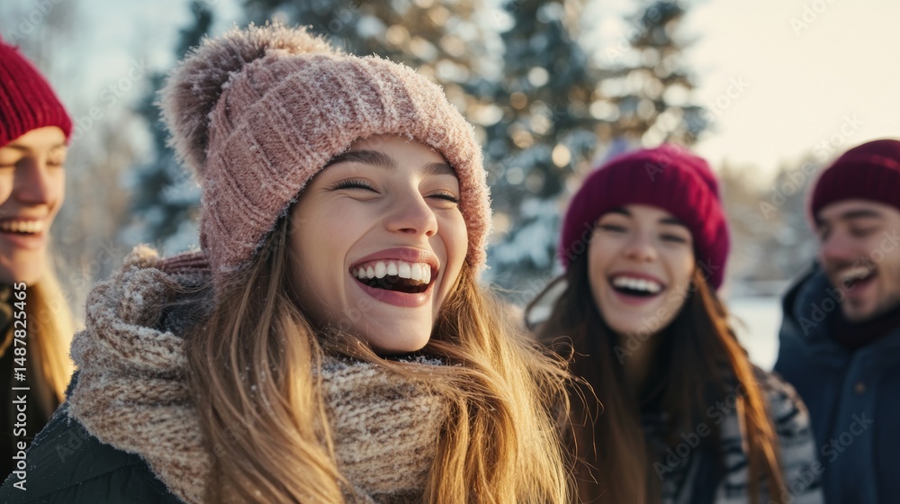 Friends ice skate at dawn in snowy forest joyful closeup Friends ice skate at dawn in snowy forest joyful closeup