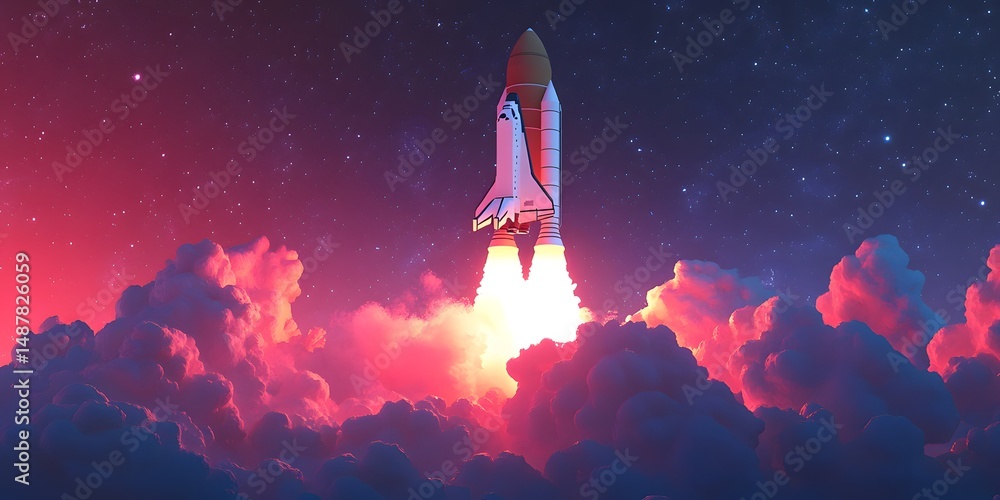 Fototapeta premium Powerful rocket launch into a starlit night sky.