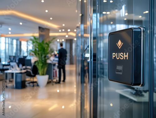 A "PUSH" elevator button gl...