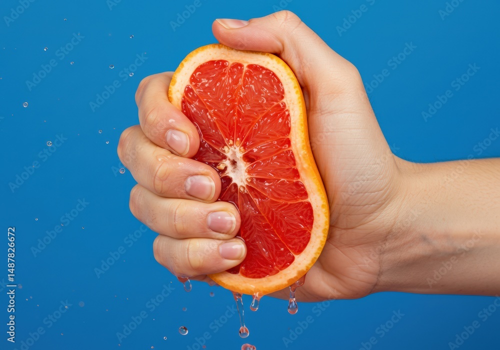 © Ozz - Hand squeezing a grapefruit half, creating fresh juice against a bright blue background.