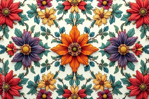 Intricate floral textile design, repeating seamlessly , blossom, fabric