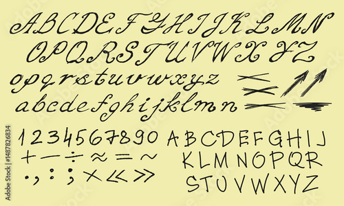 Handwritten uppercase and printed letters of the English alphabet, numbers, punctuation marks and more. Vector set